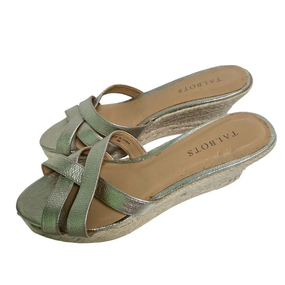 Talbots Gold Espardrille Wedge Slide Sandals Size 9M